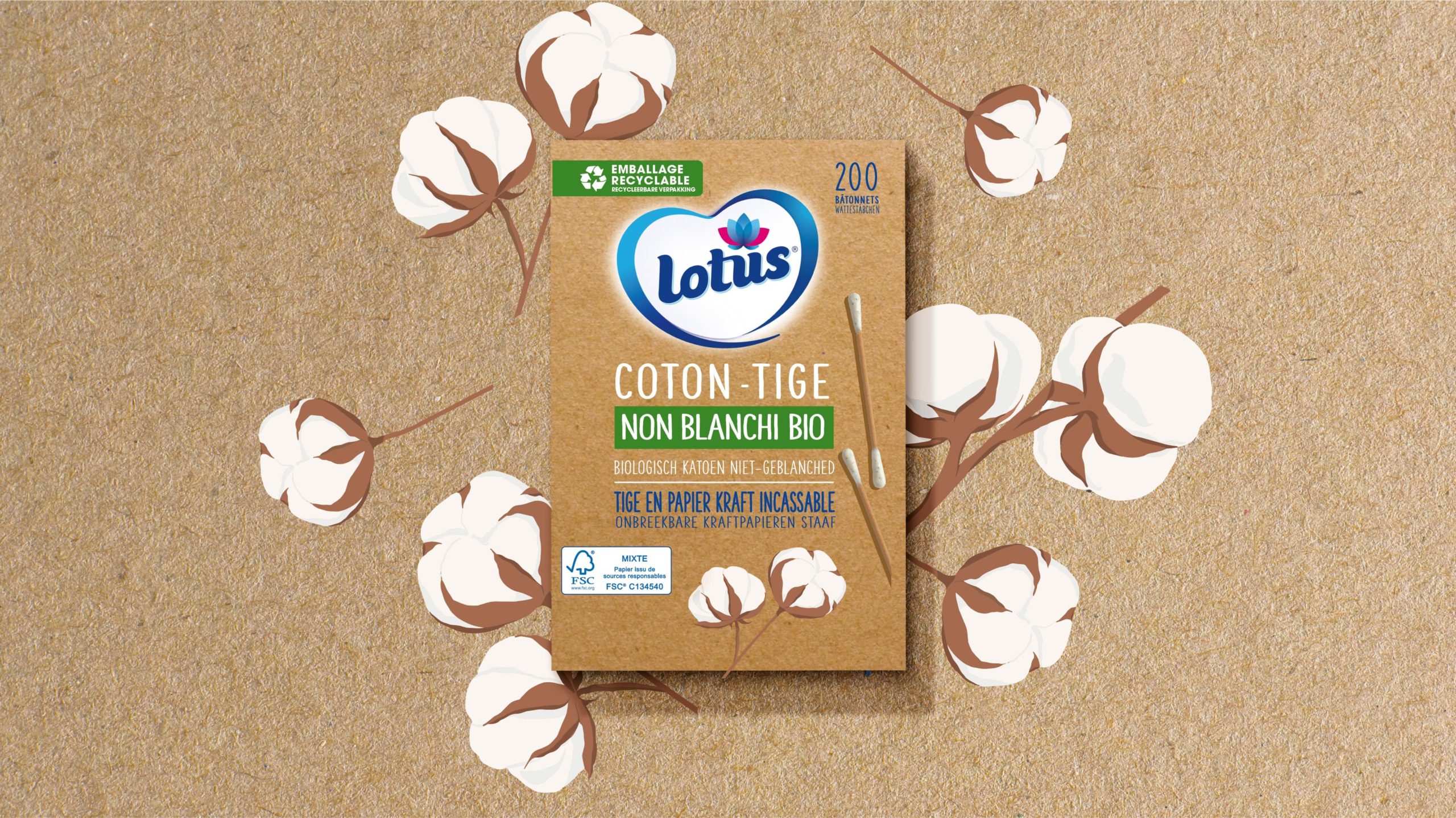 Lotus Cotons-Tiges En Papier Et Coton Non-Blanchi Bio - Boîte 200 Bâtonnets